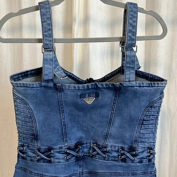 NWOT OXYGEN Denim Dress Adjustable Strap Pockets, Size L - Picture 5 of 11
